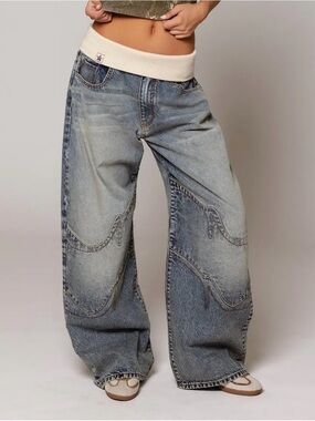 REVICE Light Blue Wide-Leg Jeans with Cream Knit Waistband